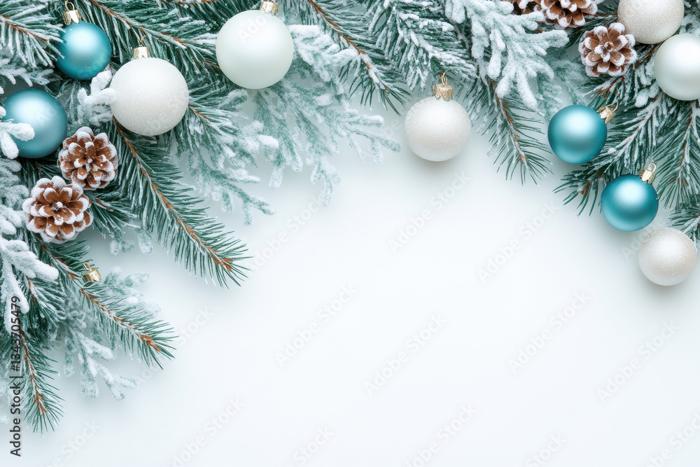Winter holiday decoration with pine branches, snow covered pinecones, and blue and white baubles on a light background Winter holiday decoration with pine branches, snow covered pinecones, and blue and white baubles on a light background
