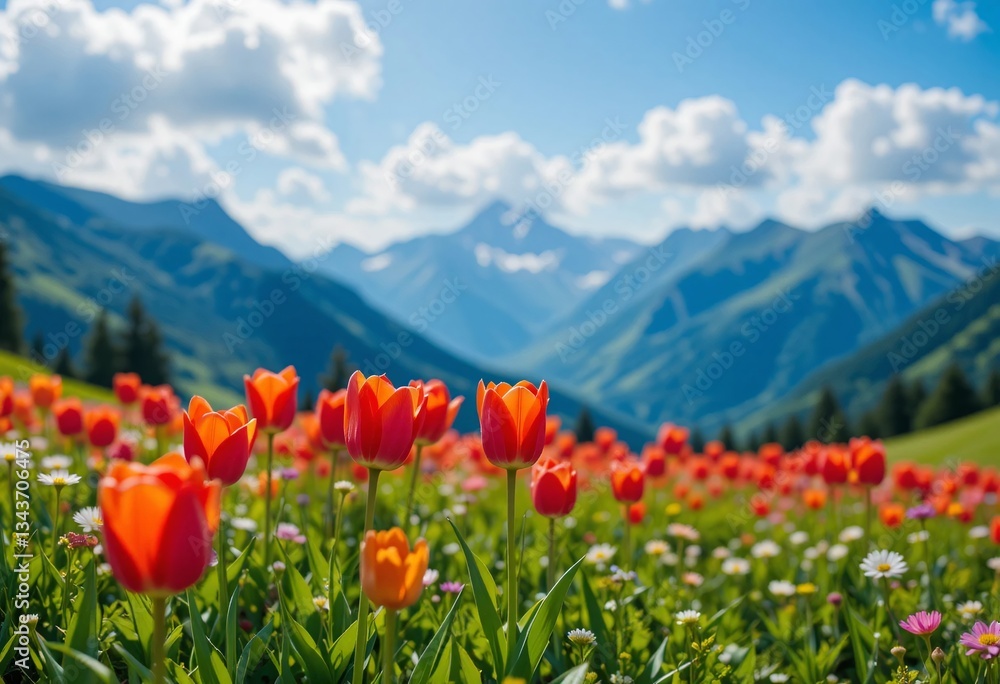 A breathtaking field of vibrant orange tulips basking in the sunlight against a majestic mountain backdrop, showcasing nature's beauty in a vibrant, idyllic scene. A breathtaking field of vibrant orange tulips basking in the sunlight against a majestic mountain backdrop, showcasing nature's beauty in a vibrant, idyllic scene.