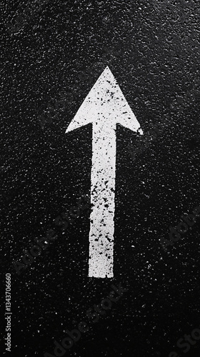 white arrow pointing straight up marked on black asphalt suggesting direction or forward movement

