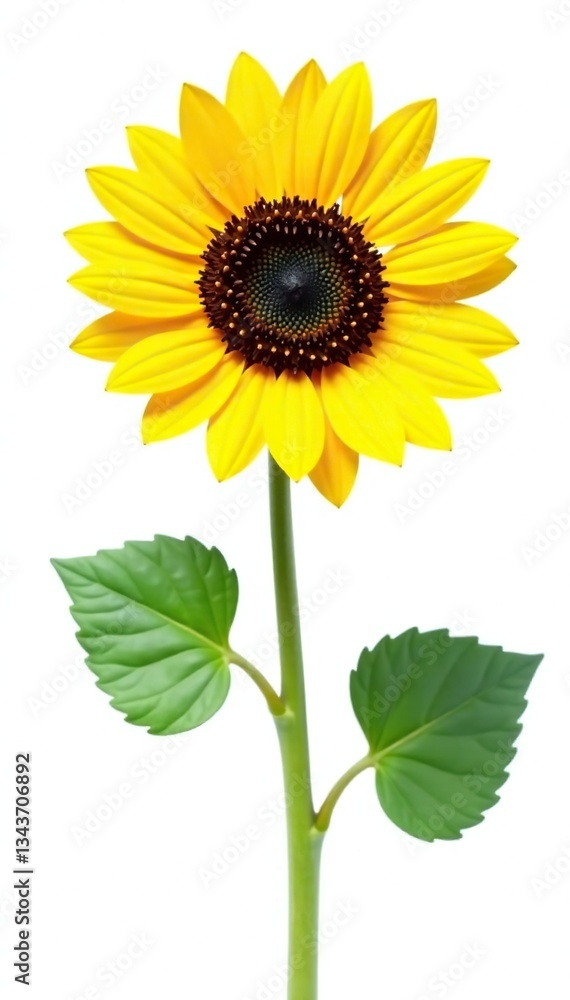 Naklejka premium Single sunflower isolated on pure white background, foliage, ornamental, colors