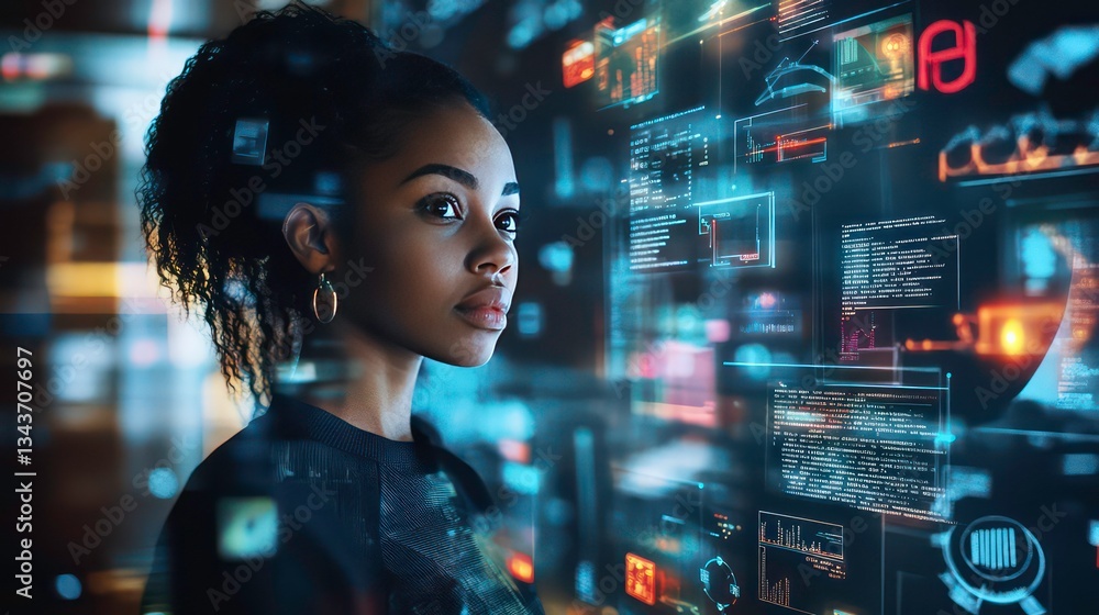 Woman examines futuristic holographic interface filled with data. Woman examines futuristic holographic interface filled with data.