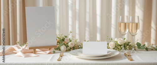 Elegant wedding table mockup with blank cards, roses, and gold cutlery.