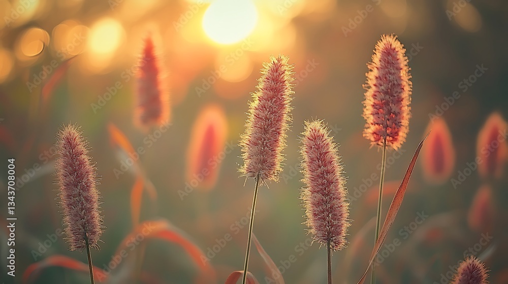 Several spikey plants are illuminated by the warm sunlight in field Several spikey plants are illuminated by the warm sunlight in field