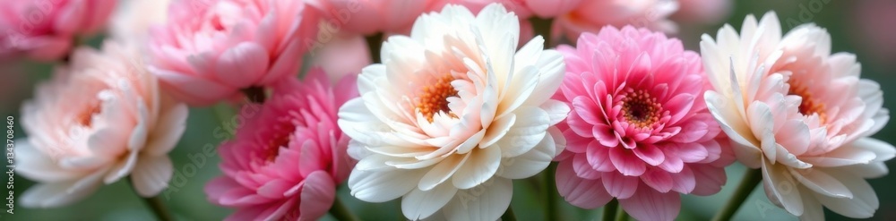 Fototapeta premium White and pink ranunculus blooms cluster together, showcasing texture and layering, botanicals, ranunculus