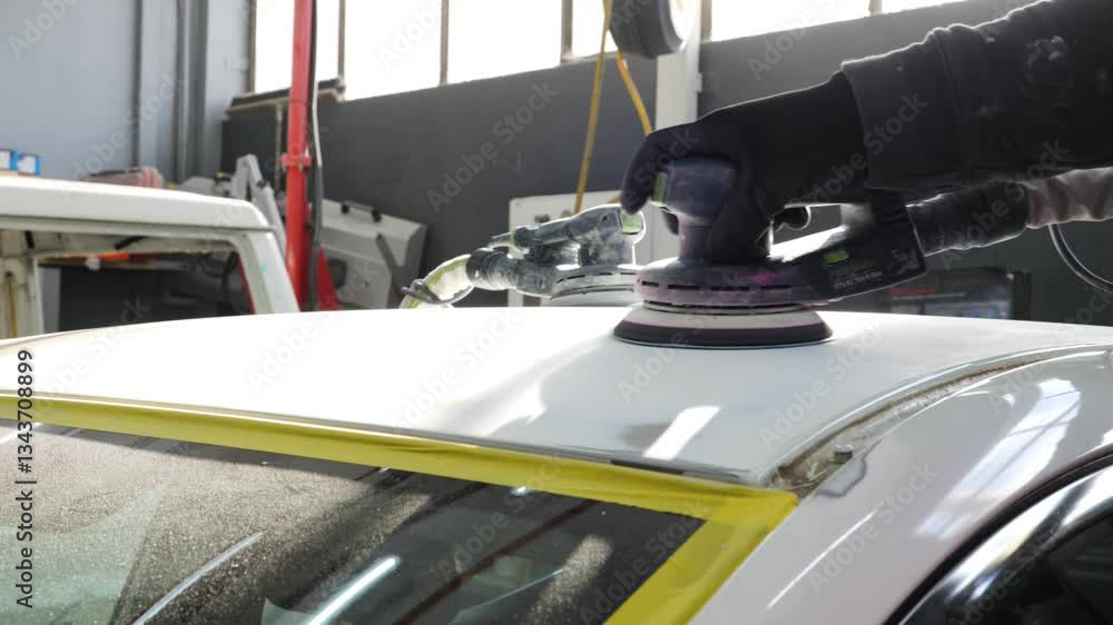 Car body sanding: Close-up of gloved hand using an orbital sander to smooth a car surface, focusing on auto repair and bodywork processes Car body sanding: Close-up of gloved hand using an orbital sander to smooth a car surface, focusing on auto repair and bodywork processes