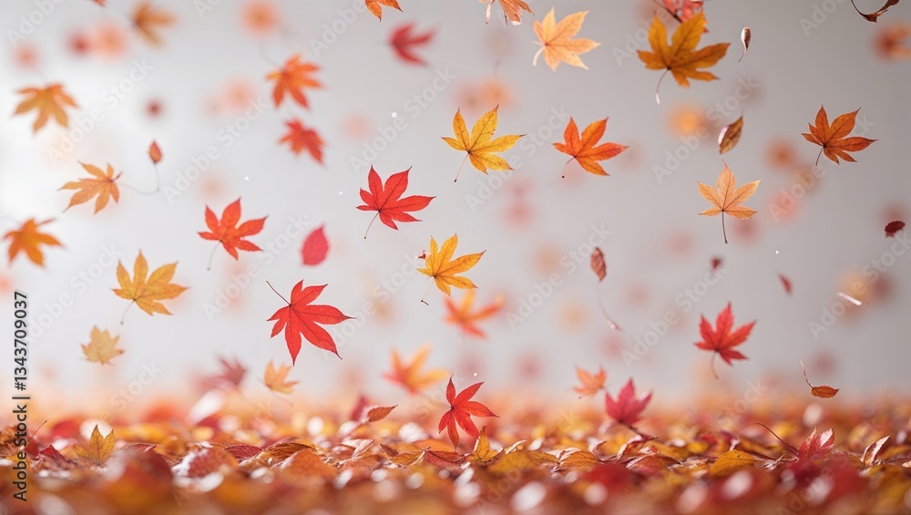 Colorful autumn leaves drifting gently in the air above a carpet of fallen foliage during a serene fall day Colorful autumn leaves drifting gently in the air above a carpet of fallen foliage during a serene fall day