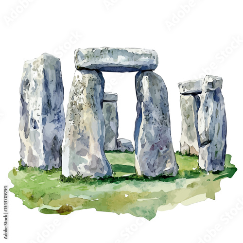 A watercolor vector painting of Stonehenge, isolated on a white background. Stonehenge vector.

