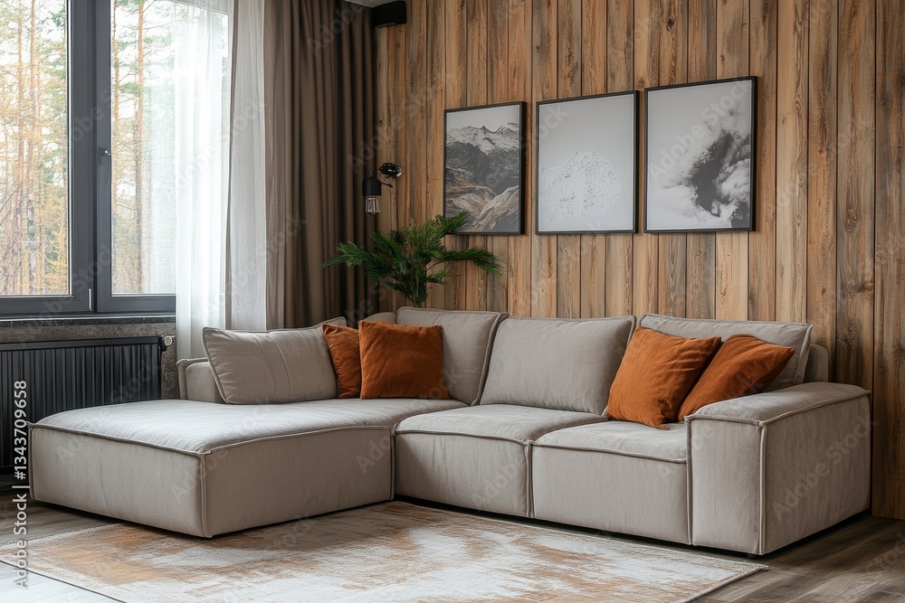 Fototapeta premium a modern and cozy living room interior with a comfortable sectional sofa, pillows and decorations