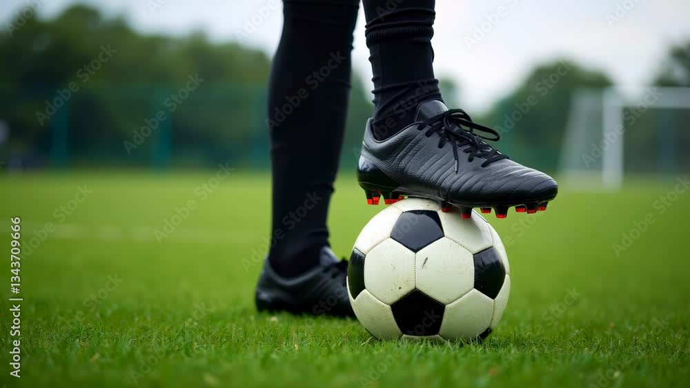 Soccer Player's Cleat on Ball with Field and Goalposts in Action-Packed Precision Game Scene Soccer Player's Cleat on Ball with Field and Goalposts in Action-Packed Precision Game Scene