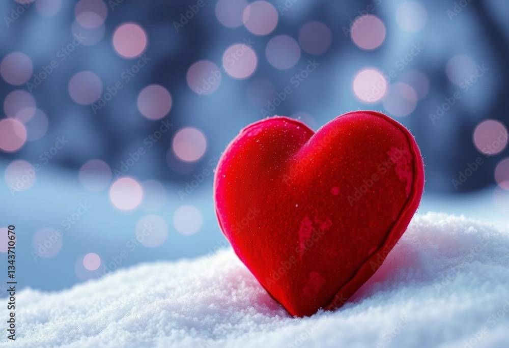 Obraz premium Red velvet heart on snowy background, sparkling lights, texture, red