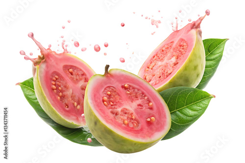Pink guava fruit with juice splash on transparent background 
