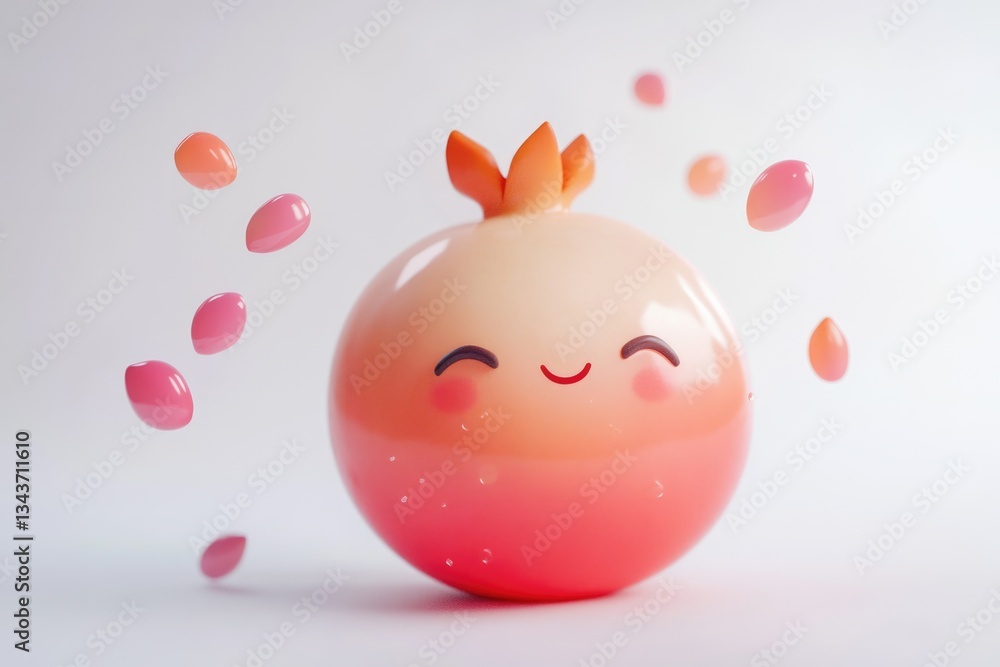 A cute cartoon pomegranate with a happy face, surrounded by smaller, falling pomegranate seeds. A cute cartoon pomegranate with a happy face, surrounded by smaller, falling pomegranate seeds.