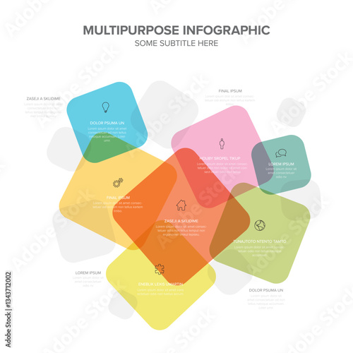 A multipurpose infographic with overlapping colorful shapes including orange, green, and blue squares. It features minimal icons, placeholder text, and a clean, professional layout.