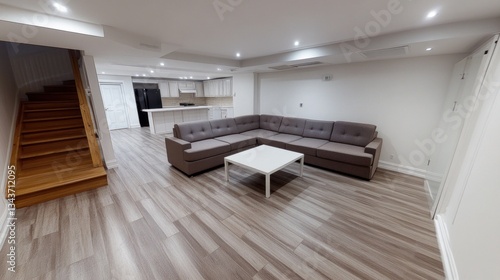Modern basement living area with kitchen and stairs