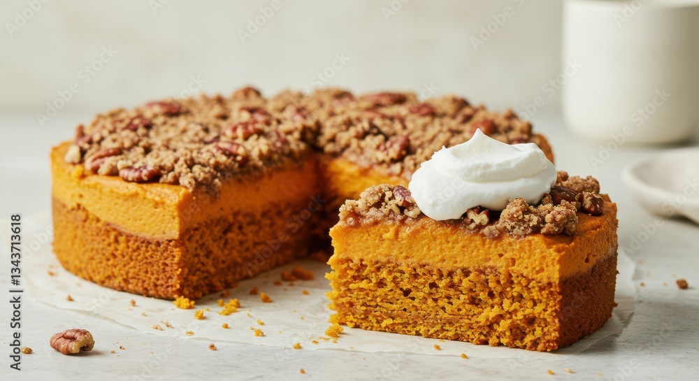 Serving Pumpkin Cake with Crumble Topping and Cream, a Delicious Treat Serving Pumpkin Cake with Crumble Topping and Cream, a Delicious Treat