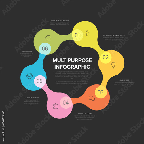 A colorful multipurpose infographic featuring a circular flow design with six sections and corresponding icons, ideal for data presentation and business overviews with black background