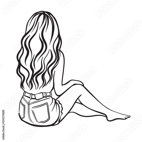 Beautiful young tanned girl in denim shorts on the beach back view. Vector black and white summer vacation illustration