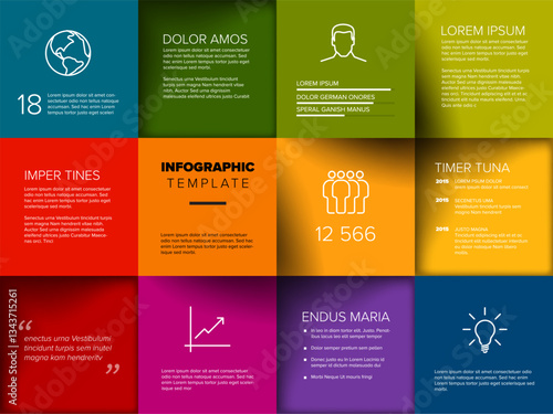 A vibrant infographic template with colorful blocks showcasing graphs, icons, and text. Each block displays different information, combining visuals and text elements creatively.
