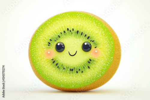 A cute cartoon kiwi fruit slice with a smiling face, vibrant green flesh, and fuzzy brown skin.