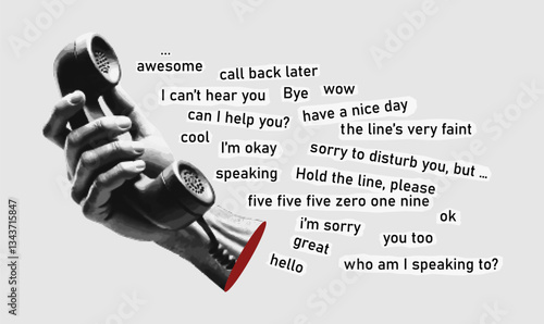 Art collage halftone of hand hold retro telephone receiver speech phrases of a telephone conversation. Vector.