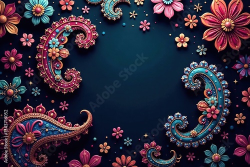 Intricate swirling paisley motifs in rich jewel tones , decor, vintage