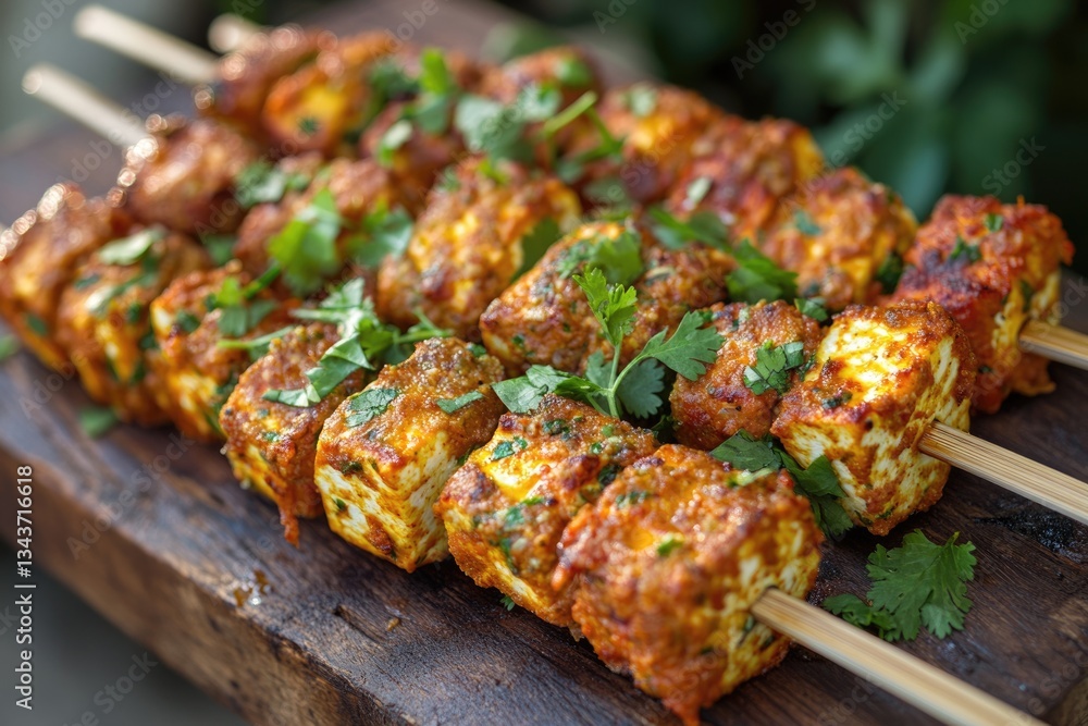 Spicy paneer tikka skewers, marinated in flavorful spices and grilled to perfection, garnished with fresh cilantro. Spicy paneer tikka skewers, marinated in flavorful spices and grilled to perfection, garnished with fresh cilantro.