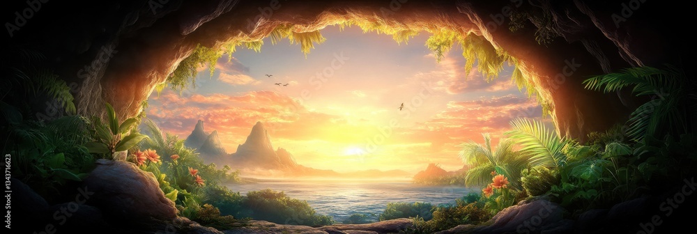 Obraz premium Cave dwelling carved into rock face surrounded by lush greenery and vibrant wildlife at sunset