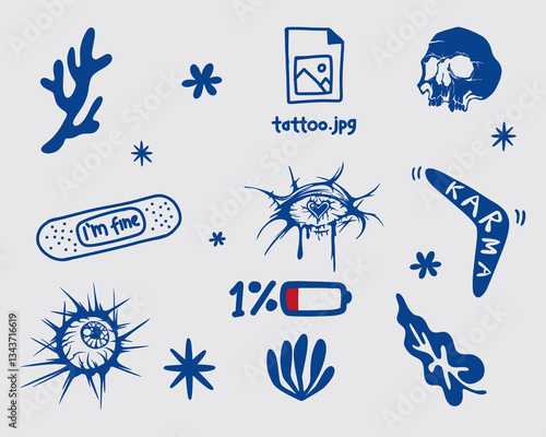 Icon tattoo style ink set collection streetwear t shirt fashion illustration vector sape icon symbol design sticker print art isolated editable