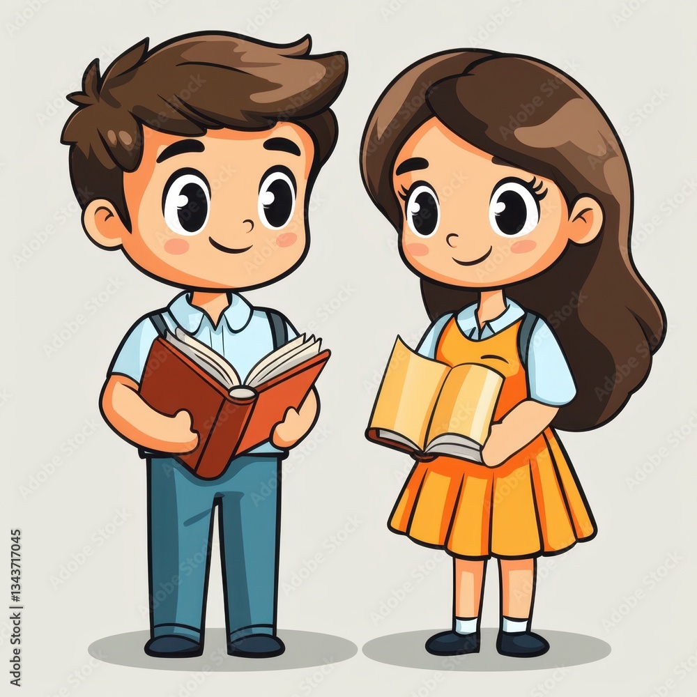 Icons about boys and girls with smiling face image holding a book in cute office formal costume