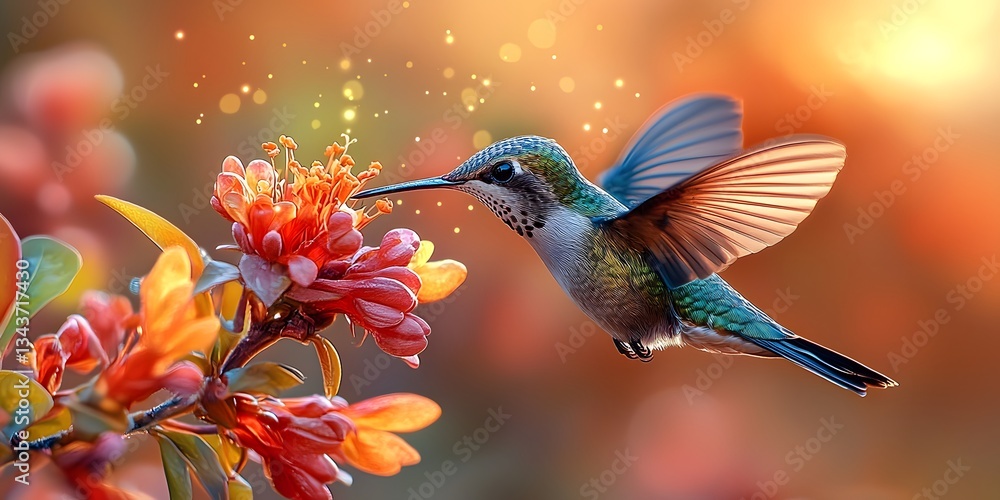 Fototapeta premium Vibrant Hummingbird Feeding on Colorful Flower in Nature Scene