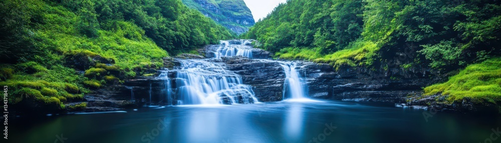 Fototapeta premium Majestic Waterfall Cascading Down Rocky Cliffs Surrounded by Lush Green Forest Creating a Tranquil and Picturesque Natural Retreat in Wilderness