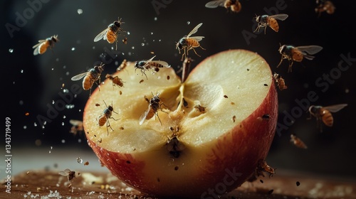 A cut apple attracting fruit flies to feast on it. 