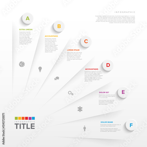 A clean and modern infographic template featuring six sections marked A to F. Each section includes icons, text descriptions, and colorful design elements on a white background.