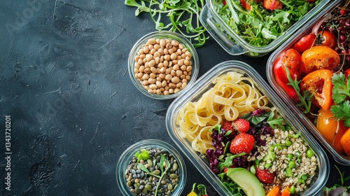 Vegan high dietary fibre and immune boosting health food with fruit, vegetables, whole wheat pasta, legumes, cereals, nuts and seeds with foods high in omega 3, antioxidants, anthocyanins, vitamins.