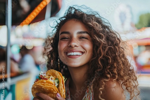 Smiling Woman Enjoying a Taco at a Fair
