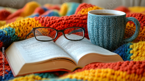 Cozy reading experience with a book, glasses, and a warm cup of coffee on a colorful knitted blanket during a relaxing afternoon