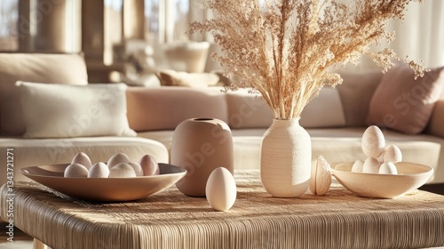 Elegant home decor with eggs and dried flowers in natural setting