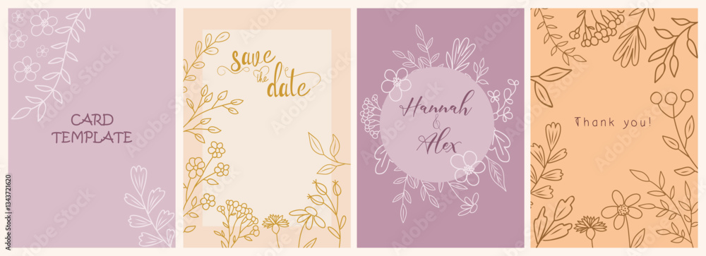Set of botanical wedding invitation card template in purple and beige pastel colors. Save the date, Thank you card with line art flower, leaves, foliage. Elegant vector design for banner, cover. Set of botanical wedding invitation card template in purple and beige pastel colors. Save the date, Thank you card with line art flower, leaves, foliage. Elegant vector design for banner, cover.