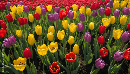 A vibrant field of red and yellow tulips blooming in spring, showcasing beautiful flowers in various colors like pink, purple, and yellow, with the natural beauty of the season in full display