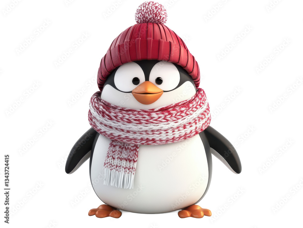 Fototapeta premium A cartoon penguin with a red hat and scarf standing against a Isolated on white transparent background