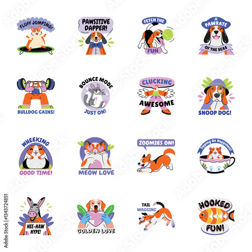 Collection of 16 Flat Style Pet Stickers 

