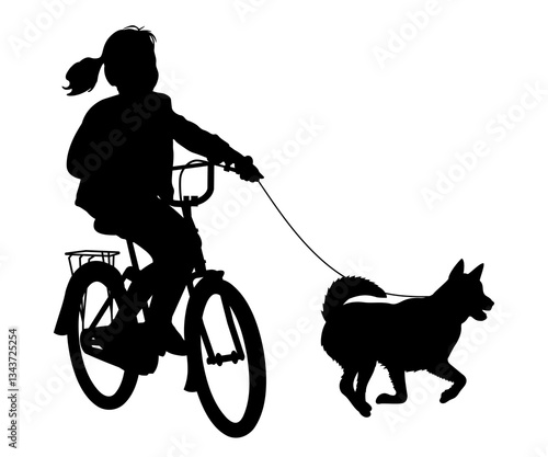Children and pets silhouettes. Little girl on on a bicycle playing with a pet. Vector illustration.	
