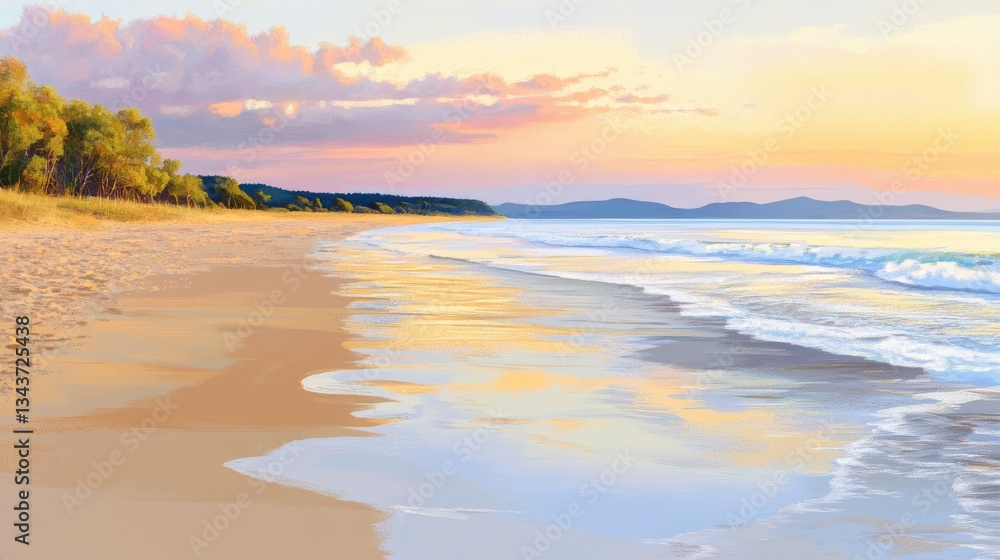 Fototapeta premium Serene Beach Landscape at Sunset with Gentle Waves and Reflections