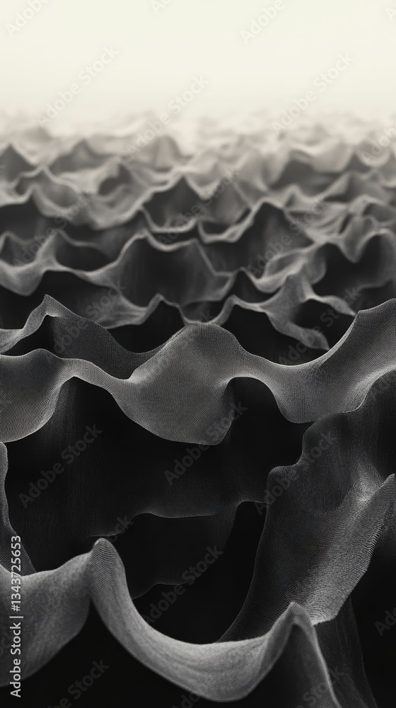 Fototapeta premium Abstract grayscale textured waves rise towards light.