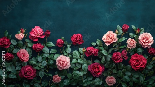 Wallpaper Mural Dramatic fuchsia and crimson roses with intricate petals, intertwined with lush green foliage, creating a romantic floral border on a dark velvet backdrop. Torontodigital.ca