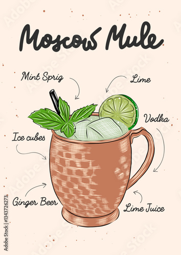 Advertising recipe poster with alcoholic drink and ingredients, Moscow Mule cocktail, beverage with lettering, wall decoration, prints, menu design.