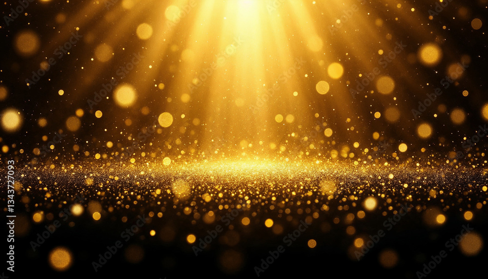Abstract digital art, a black background with golden glitter particles scattered across the bottom and top Abstract digital art, a black background with golden glitter particles scattered across the bottom and top