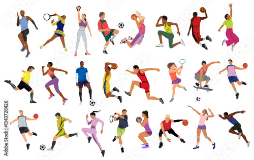Collection of Sport people doing various activities. Colorful flat vector illustrations isolated on transparent background