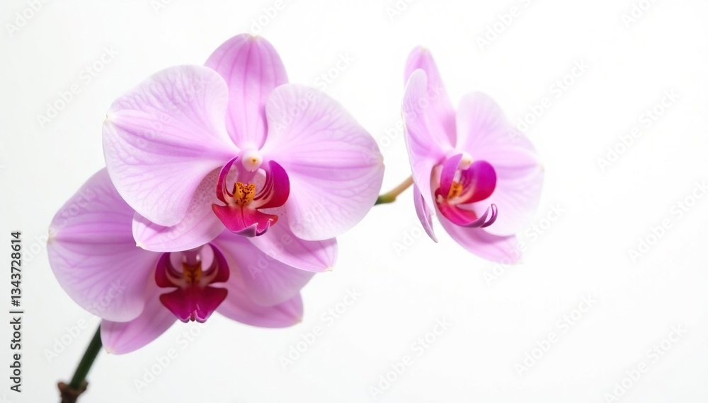Obraz premium Delicate orchid blooms on a crisp white background, flora, botanical, isolation
