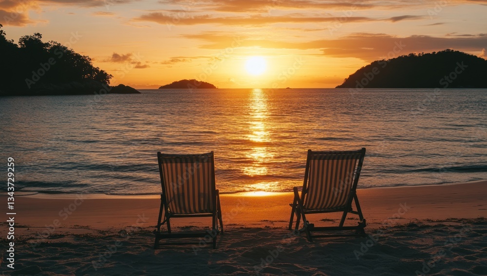 Serene Sunset Beach Scene: Two Chairs Facing Golden Horizon Serene Sunset Beach Scene: Two Chairs Facing Golden Horizon
